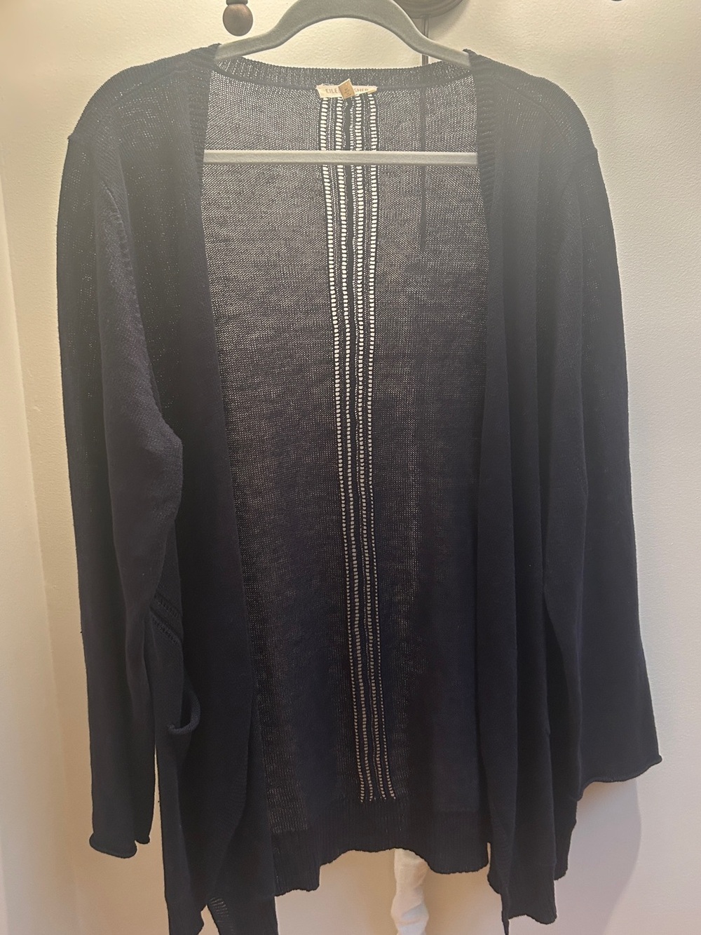 Eileen Fisher Open-Front Navy Knit Cardigan with Stripe Detail